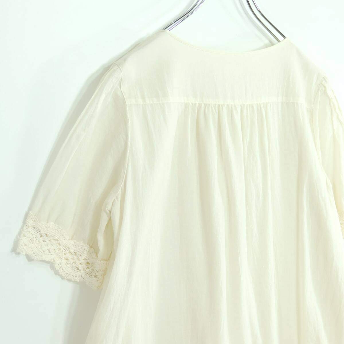 【美品】ピンクハウス★爽やかな綿ローンチュニック♪レース編み ギャザー ワンピース アイボリー系 z19614