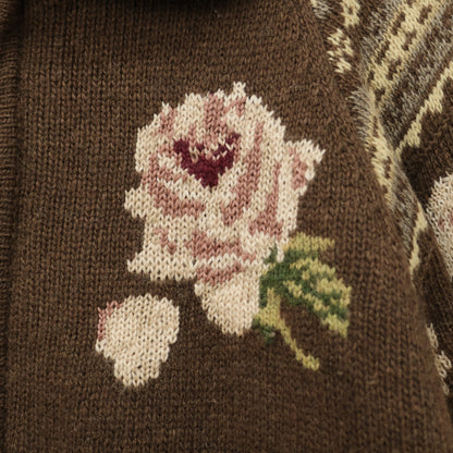 ピンクハウス★大きな薔薇柄とノルディック模様が可愛い♪ 暖か 裏ボア付 カウチン風ニットジャケット ブラウン系 z23164