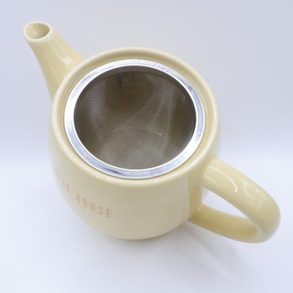 【美品】ピンクハウス★ギンガム&ロゴ入り♪ティーポット 紅茶ポット 陶器 イエロー系 茶こし付 so0411