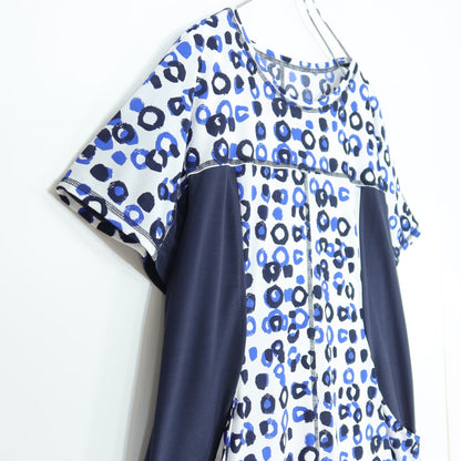 【美品】ヒロココシノ★個性的デザイン♪半袖ワンピース 大きいサイズ15ABR 濃紺系  インナー付♪薄手 z20956