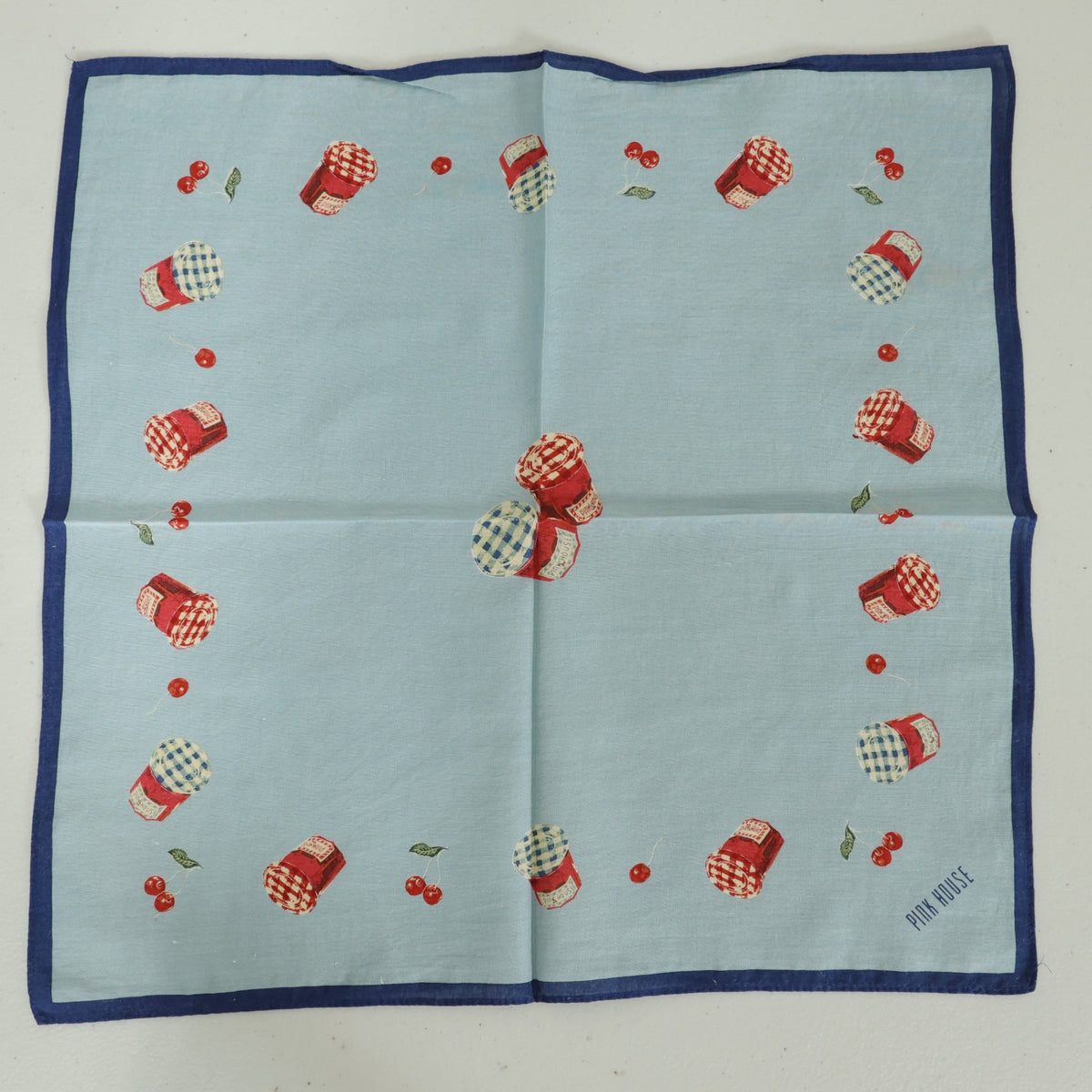 ピンクハウス★ジャム瓶×さくらんぼpt♪配色が可愛い大判ハンカチ 42×42サイズ 水色系*so442