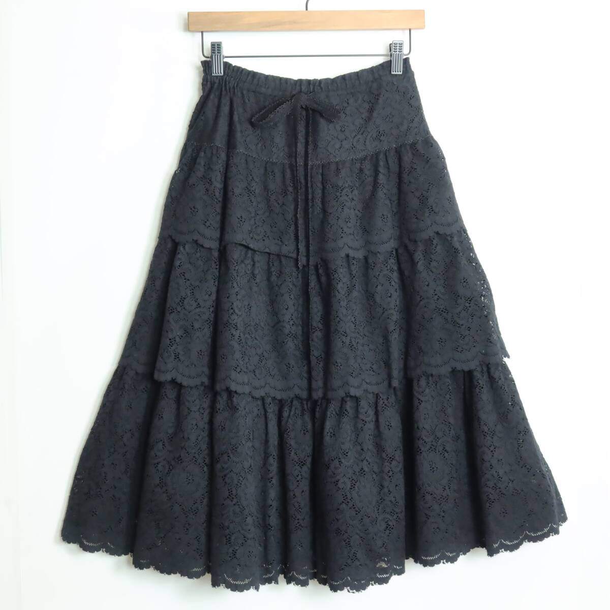 【美品】ピンクハウス★ボリューム感！たっぷりフリルとレース かぶせ段々フリルスカート 黒系 裏地コットン♪＊z17513