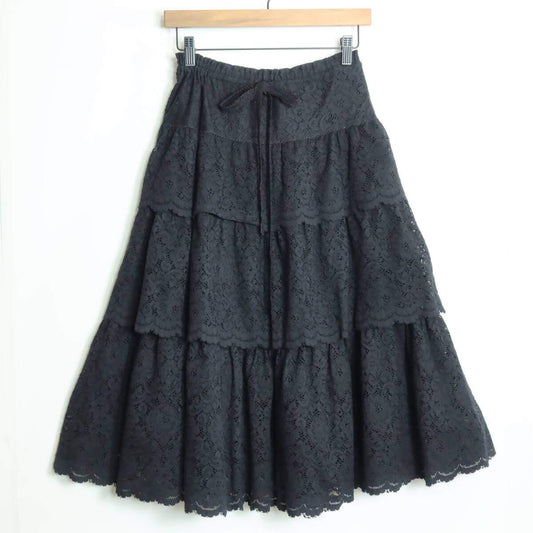 【美品】ピンクハウス★ボリューム感！たっぷりフリルとレース かぶせ段々フリルスカート 黒系 裏地コットン♪＊z17513