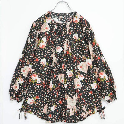 【美品】ピンクハウス★ロマンティック可愛いオーナメントローズpt♪チュニックブラウス ローズケーキ柄 黒系 前開き z21320