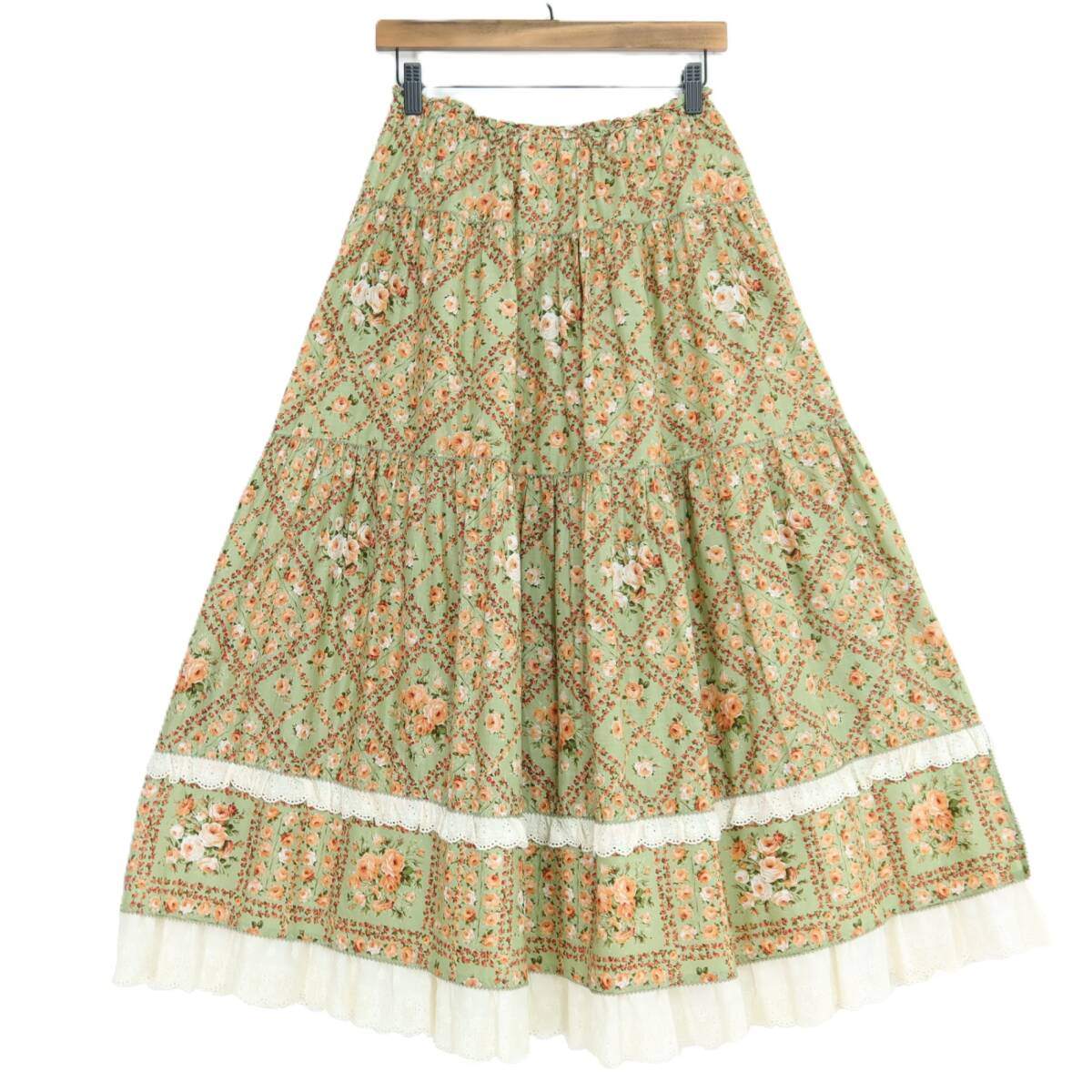 【美品】ピンクハウス★アンティーク調♪薔薇格子柄 ギャザースカート リボン＆レース使い ミントグリーン系＊z20034