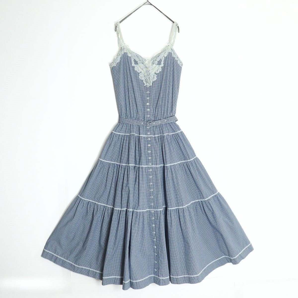 【美品】ピンクハウス★キャミソール ワンピース♪レース×ギンガムチェック ピコ刺繍 ティアード フレアスカート 青系 z18756