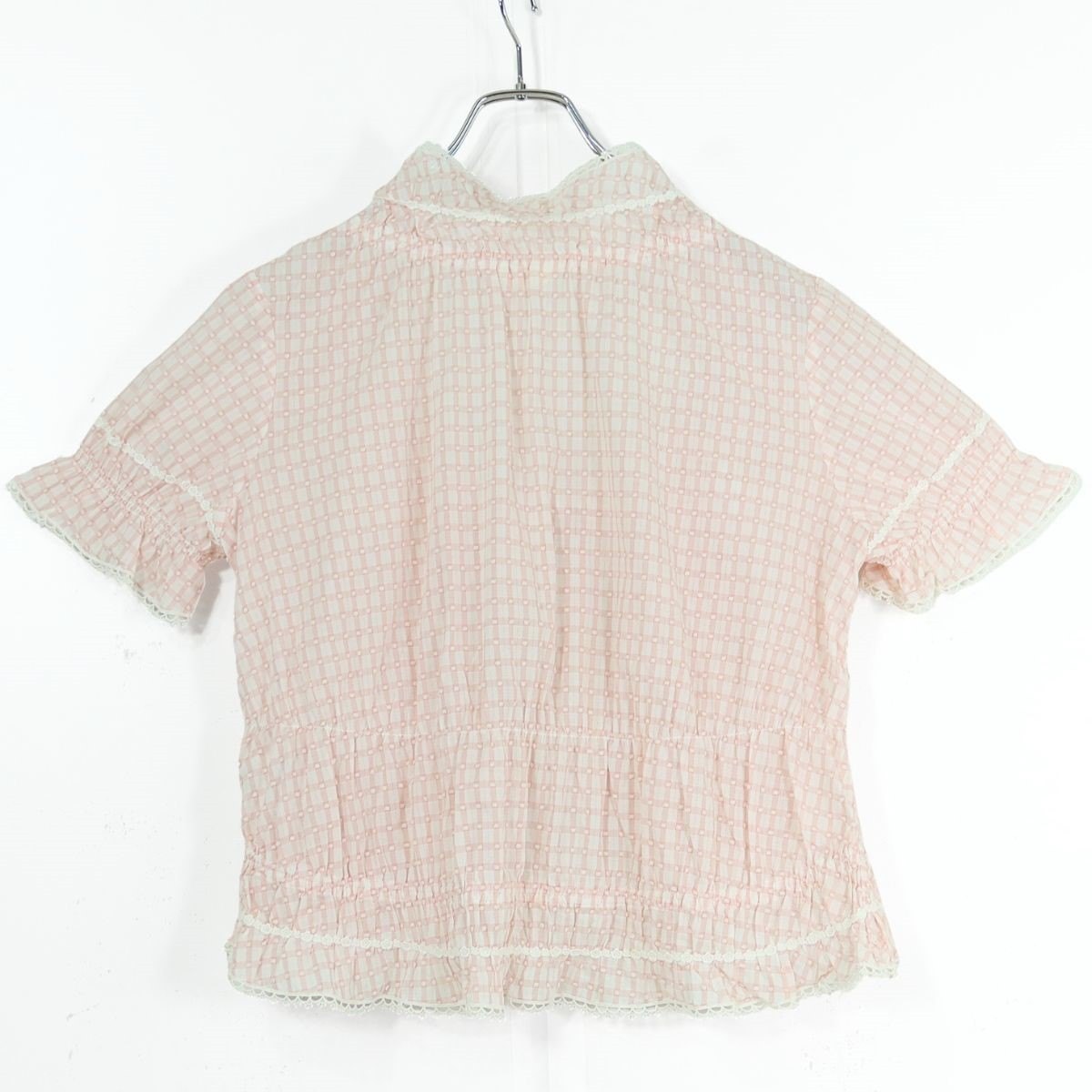 ピンクハウス★ドット刺繍♪チェックの半袖ローンブラウス はおりもの ピンク系 たっぷりフリル&レース♪前開き z19936
