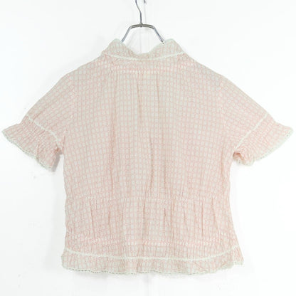 ピンクハウス★ドット刺繍♪チェックの半袖ローンブラウス はおりもの ピンク系 たっぷりフリル&レース♪前開き z19936