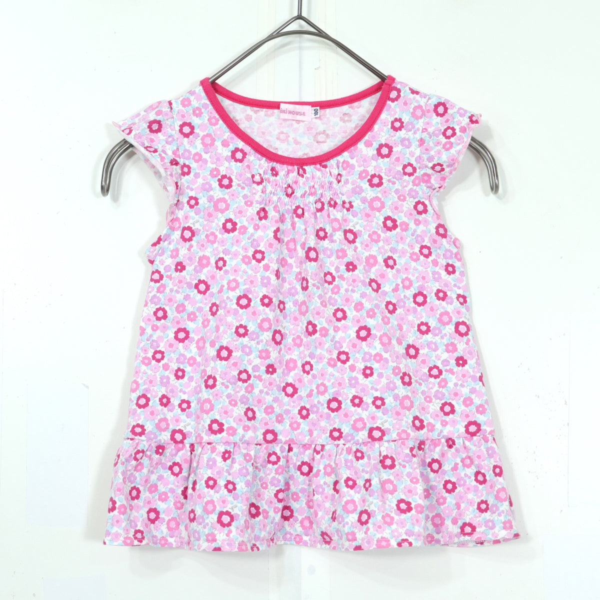 ミキハウス★小花柄プリントが可愛い♪ ペプラム風ノースリーブTシャツ キッズサイズ100 ピンク系 z22127