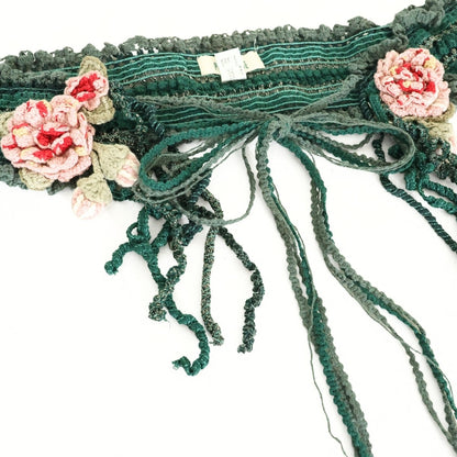 ピンクハウス★薔薇モチーフ付き♪かぎ編み ニット サッシュ ベルト 緑系 アンティーク *so299