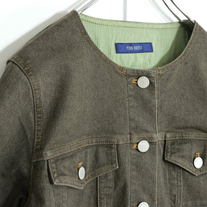【美品】ピンクハウス★ひなぎくワッペン♪デニムジャケット ノーカラー 大きいサイズL チャコールグレー系 前開き 無地 z21851