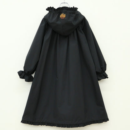 【極美品】ピンクハウス★ロゴ＆ネーム使いレインコート フーディ 黒系 前開き フリル＆ギャザーたっぷり♪2023年 z23292