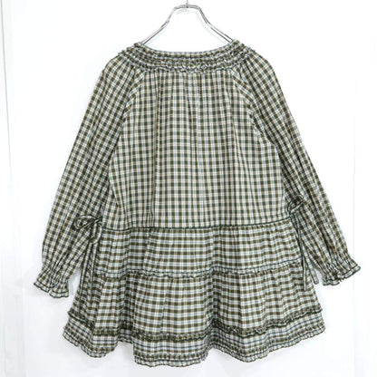 【美品】ピンクハウス★オリチェpt♪可愛いふんわりミニワンピ♪チュニック グリーン系 綿ローン 段々フリル&リボンも♪ z21384