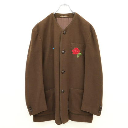 カールヘルム★薔薇刺しゅう♪ノーカラージャケット ウール混 大きいサイズL ブラウン系 前開き 無地 z23214