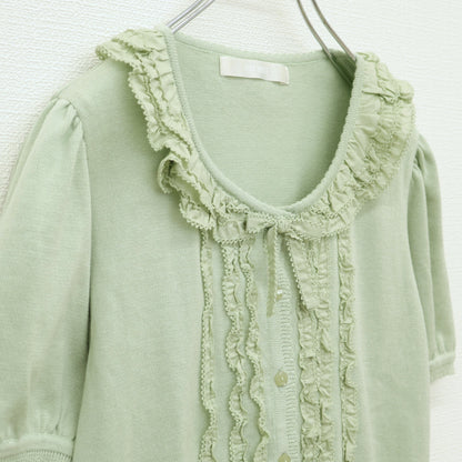 【美品】ピンクハウス★ローンフリル使い♪半袖ニットカーディガン ハッカ系 前開き リボンも♪薄手 z23156