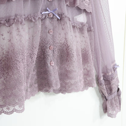 【極美品】ピンクハウス★ドットチュールレース♪長袖ブラウス ラベンダー系 前開き サテンリボンも♪2025年製 z22501