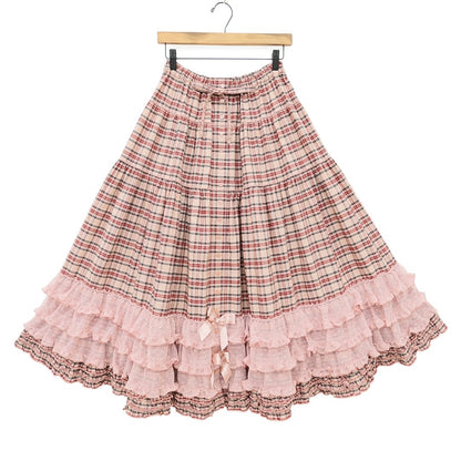 【極美品】ピンクハウス×青木美沙子★オリチェpt段々スカート 前開き ドットチュール&ロゴリボン♪ピンク×赤系 z23299