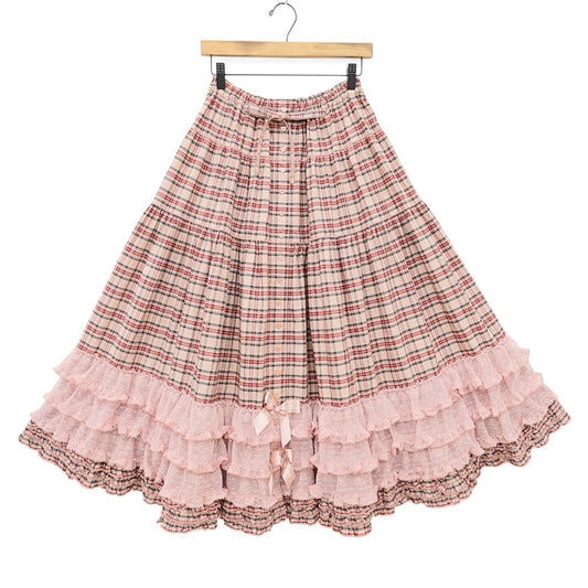 【極美品】ピンクハウス×青木美沙子★オリチェpt段々スカート 前開き ドットチュール&ロゴリボン♪ピンク×赤系 z23299