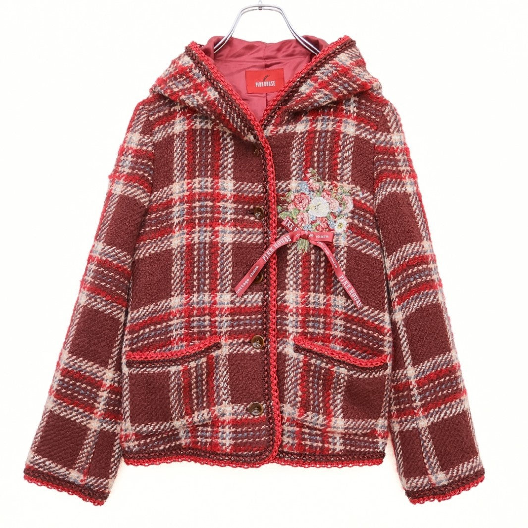 【美品】ピンクハウス★刺しゅう&リボン♪オリチェ柄ニットジャケット フーディ 大きいサイズL 赤茶系 ブレードも♪残布有 z23352