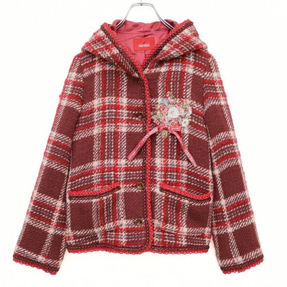 【美品】ピンクハウス★刺しゅう&リボン♪オリチェ柄ニットジャケット フーディ 大きいサイズL 赤茶系 ブレードも♪残布有 z23352