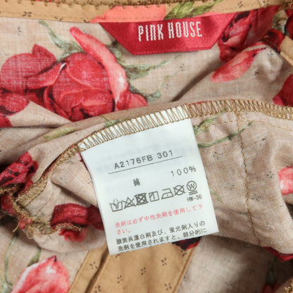【美品】ピンクハウス★かぶせ段々フリルのローンブラウス 薔薇pt♪モカ系 前開き リボンも♪z18328