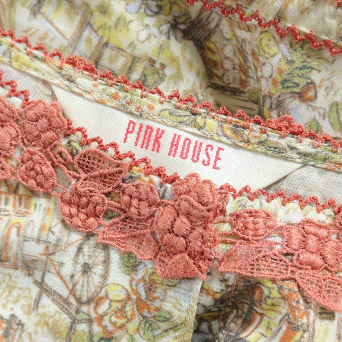 【極美品】ピンクハウス★清楚で可愛い！ バルーン袖♪風景スケッチ柄♪ 半袖ワンピース ミックス系 前開き ＊ z15960