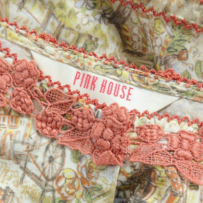 【極美品】ピンクハウス★清楚で可愛い！ バルーン袖♪風景スケッチ柄♪ 半袖ワンピース ミックス系 前開き ＊ z15960
