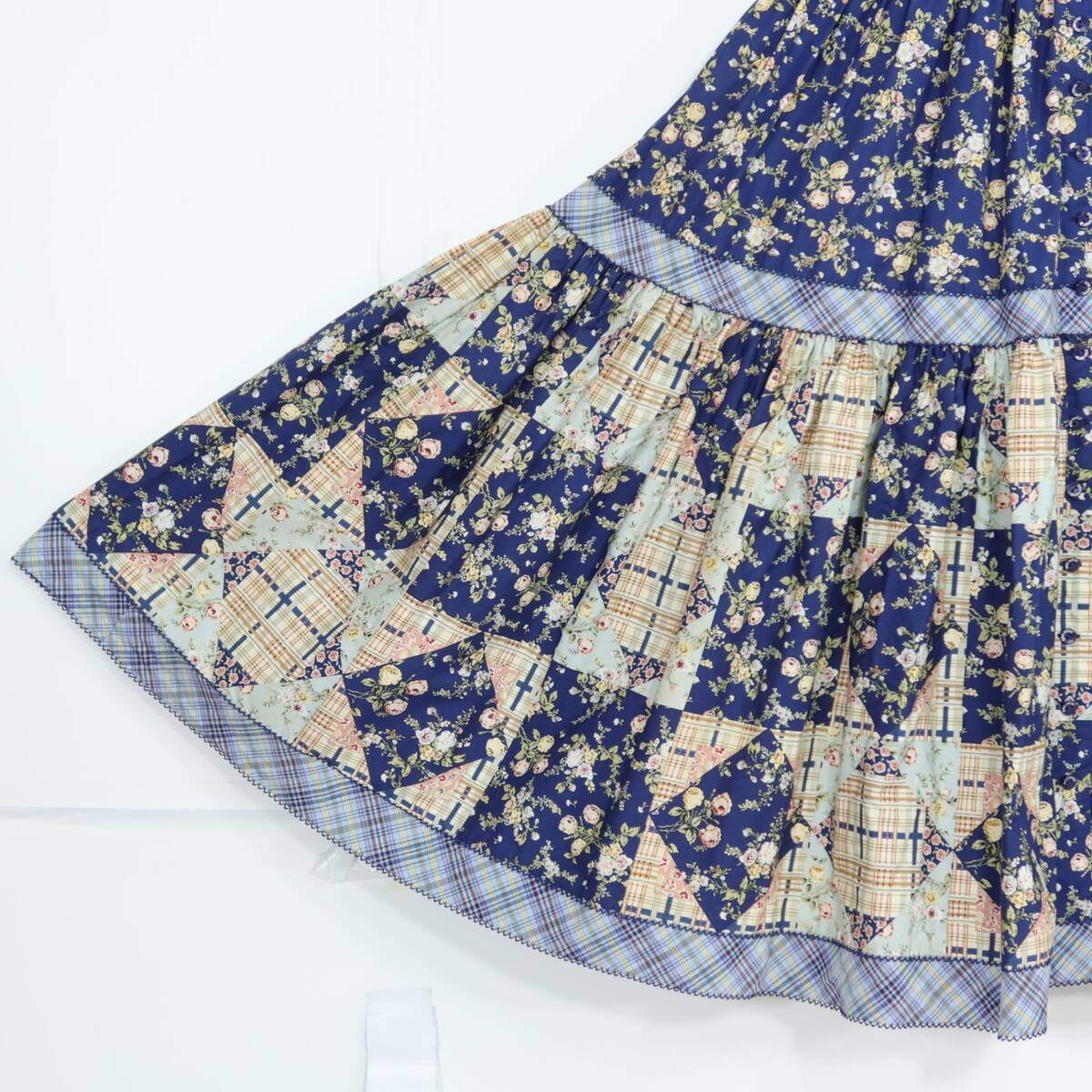 【美品】ピンクハウス★オリチェptパッチワーク♪花柄ワンピース ネイビー系 前開き 薄手 z20994