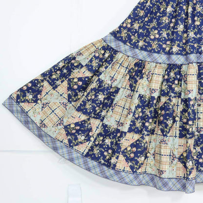 【美品】ピンクハウス★オリチェptパッチワーク♪花柄ワンピース ネイビー系 前開き 薄手 z20994