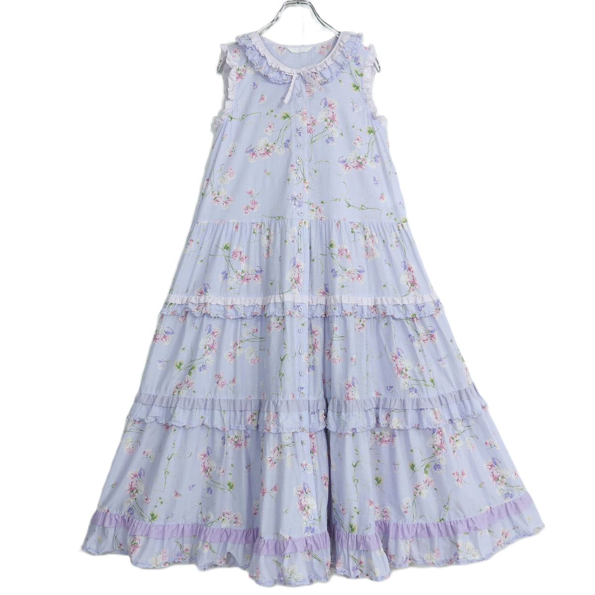【極美品】ピンクハウス★スイートピーpt♪配色フリル使いワンピース ラベンダー系 前開き 2025年製 薄手 z22535