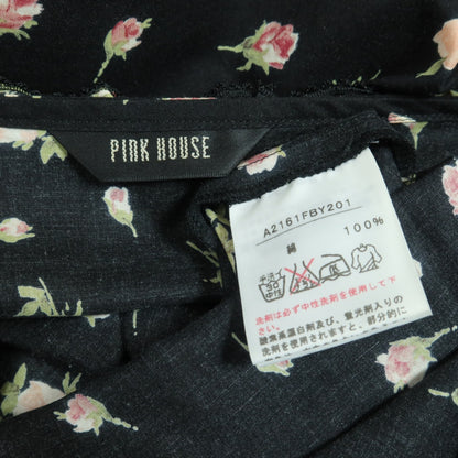【美品】ピンクハウス★ギンガムパッチワーク♪ローンチュニックブラウス 黒系 薔薇pt♪薄手 z18327