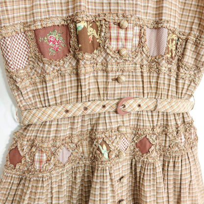 ピンクハウス★ローズ刺繍パッチワーク♪オリチェptワンピース 茶系 前開き フリルたっぷり♪薄手 z20996