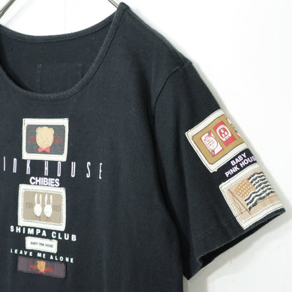 ベビーピンクハウス★ワッペンいっぱい♪半袖Tシャツ 前ポケット キューピー ぬいぐるみクマ ウサギ パフェ サイズL 黒系 z21892