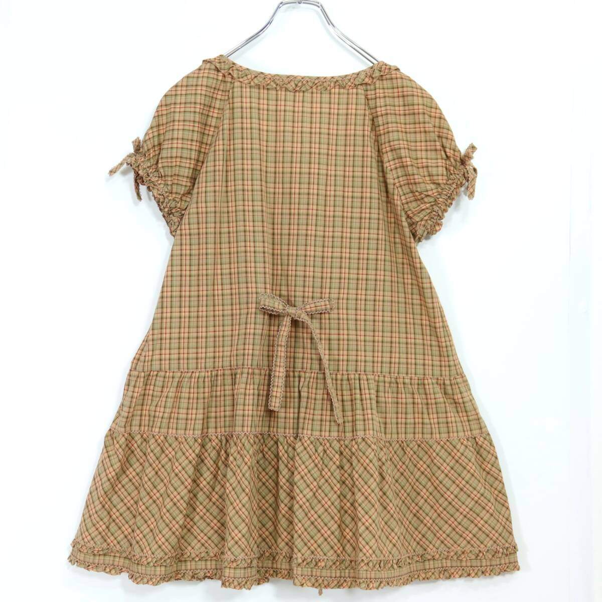 【美品】ピンクハウス★可愛いシルエット♪ パフスリーブチュニックワンピース オリチェ柄 ブラウン系 ＊z19601