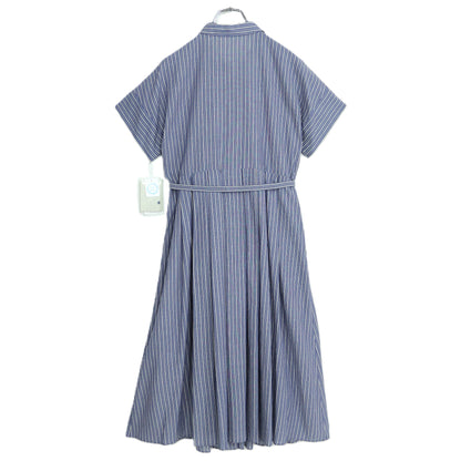 【極美品・紙タグ有】レリアン★涼しげストライプ♪上品なコットンワンピース サイズ7号 紺系 ペチ付 残布有 z22715