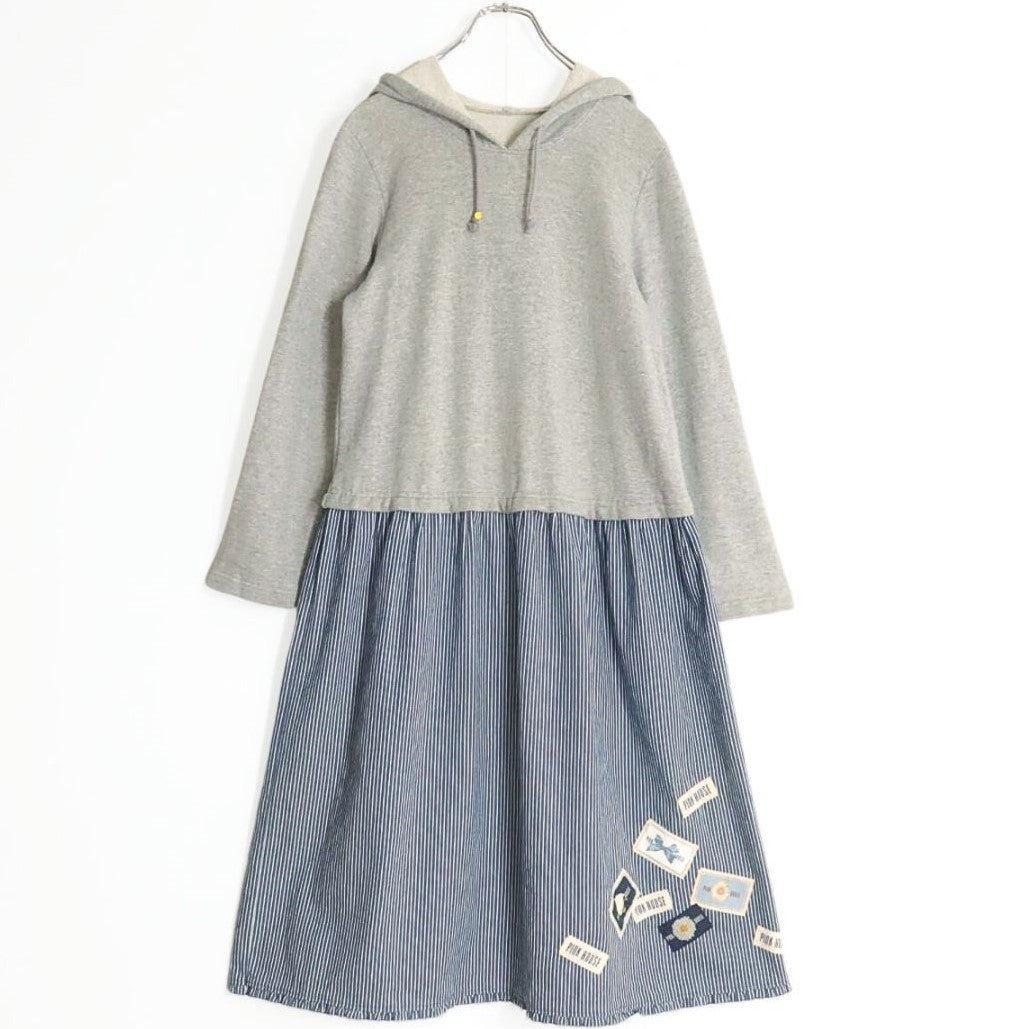 ピンクハウス★一枚で可愛い！ フーディ ドッキングワンピース 重ね着風♪裾ワッペン グレー×紺系 ストライプ&無地♪＊z19273