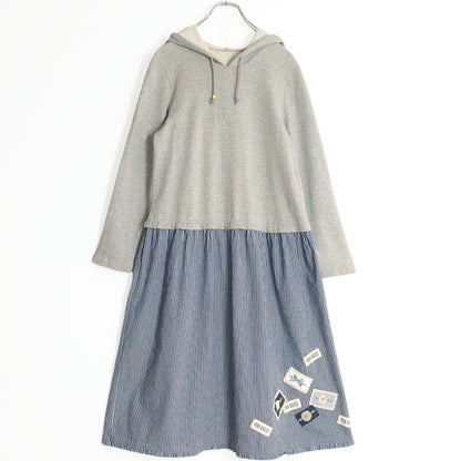 ピンクハウス★一枚で可愛い！ フーディ ドッキングワンピース 重ね着風♪裾ワッペン グレー×紺系 ストライプ&無地♪＊z19273