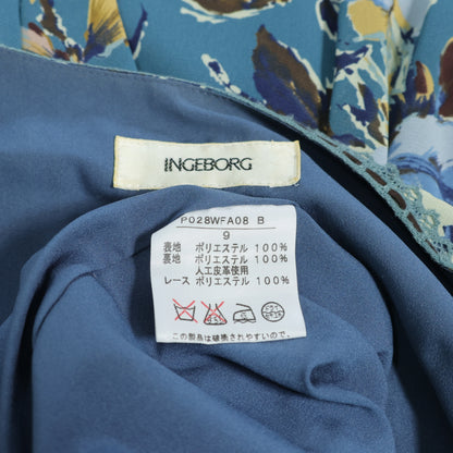 インゲボルグ★はしごレース&ベロアリボン♪花柄シフォンワンピース サイズ9 青緑系 薄手 z22247