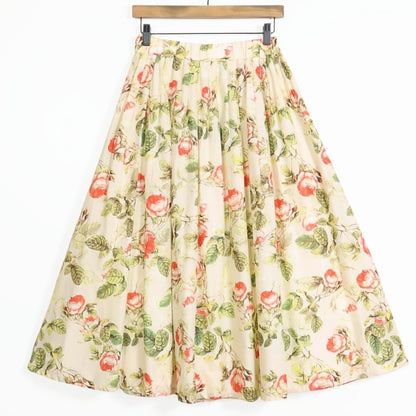 【極美品】インゲボルグ★大人可愛い！薔薇pt ふんわり♪ギャザースカート 綿麻♪サイズ3(9号) ベージュ系 ＊z13734