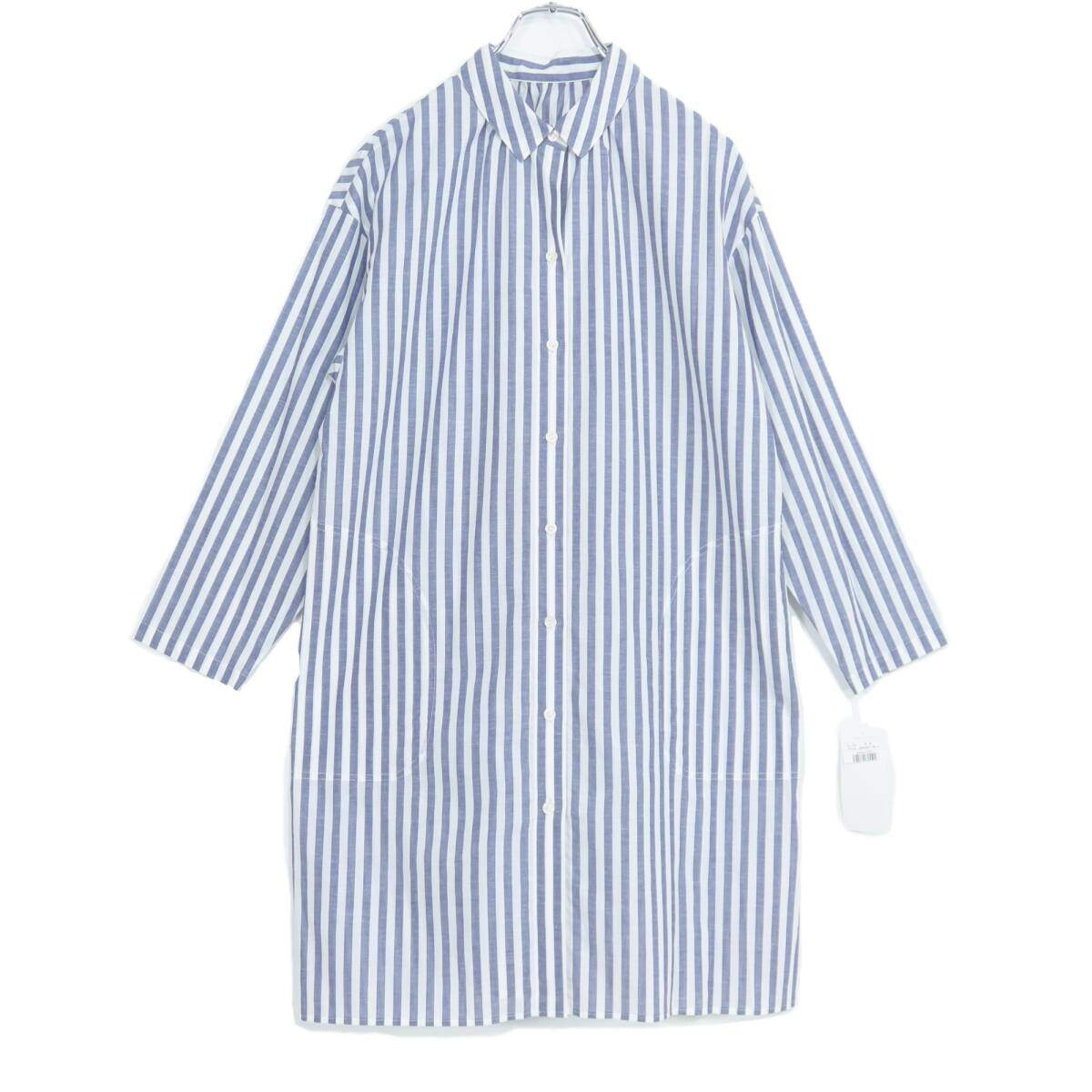 【新品タグ有】キャラオクルス レリアン★涼しげ♪綿麻素材のチュニックブラウス サイズ9 白×紺系 ストライプ柄♪薄手 z21035