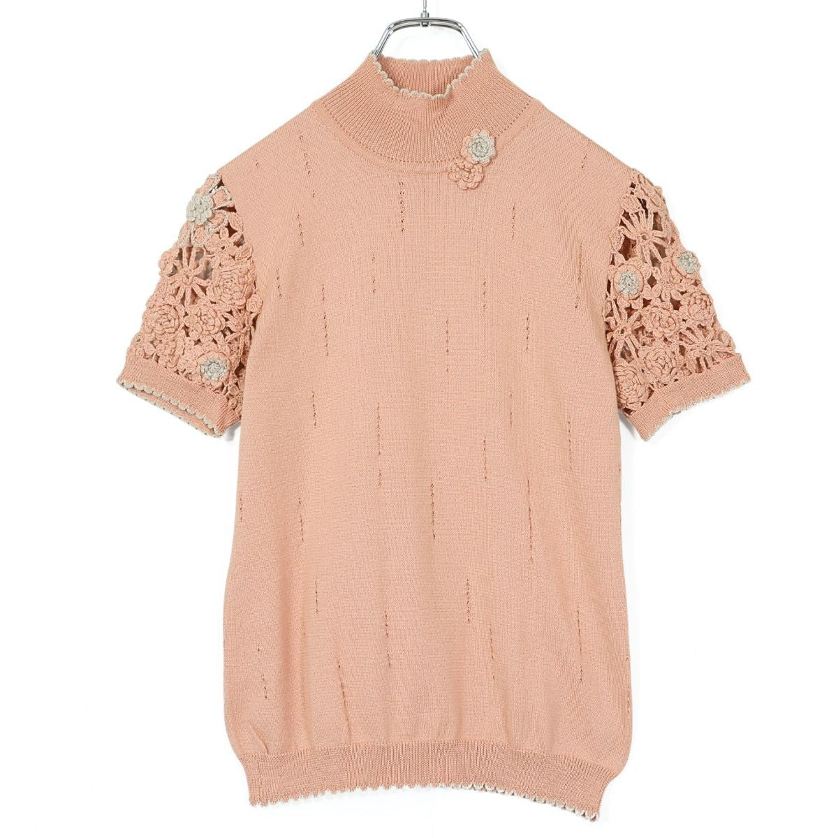 【美品】インゲボルグ★煌めく花モチーフが可愛い♪ 半袖サマーニット レース編み風 サイズ9 くすみピンク系 z22057