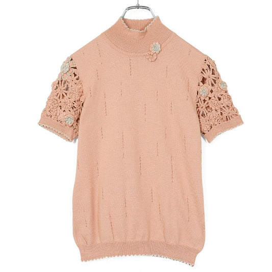 【美品】インゲボルグ★煌めく花モチーフが可愛い♪ 半袖サマーニット レース編み風 サイズ9 くすみピンク系 z22057