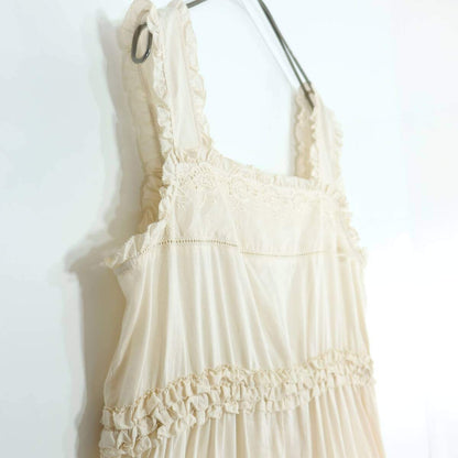 【美品】ピンクハウス★かぶせ段々フリル♪ローンワンピース ベージュ系 無地 カットワーク刺繍&はしごレース♪ z19589