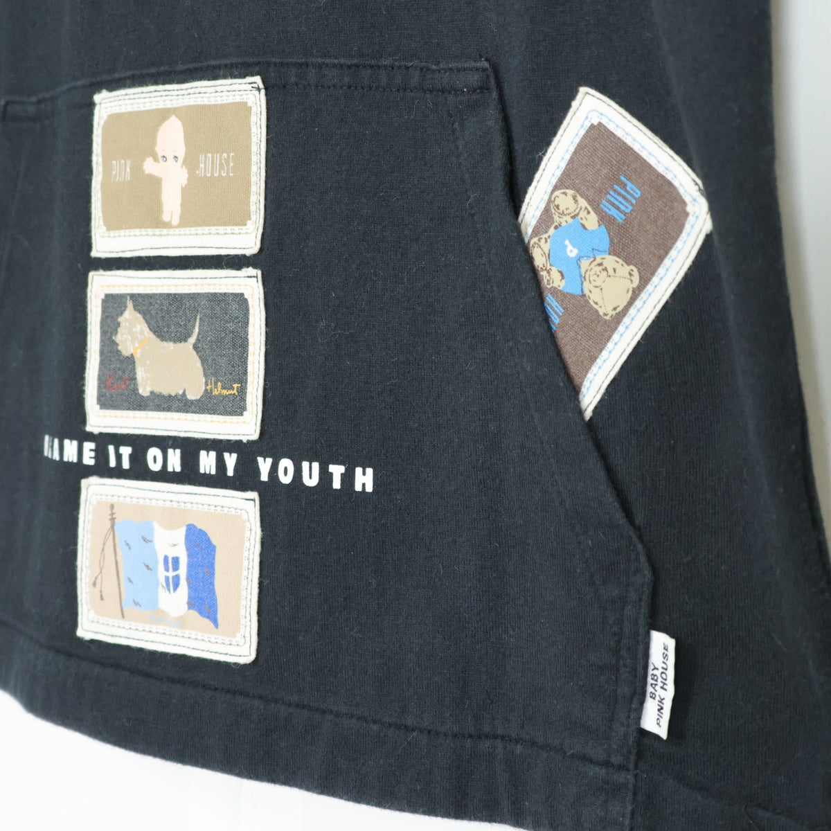 ベビーピンクハウス★ワッペンいっぱい♪半袖Tシャツ 前ポケット キューピー ぬいぐるみクマ ウサギ パフェ サイズL 黒系 z21891