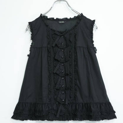 【美品】ピンクハウス★リボンいっぱい♪ノースリーブローンブラウス 黒系 前開き 薄手 無地 z22186