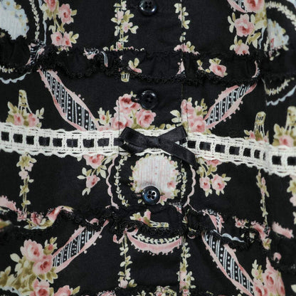 【美品】ピンクハウス★華やかなフラワーポットptが可愛い♪ふんわりティアードデザインスカート ボタン前開き 黒系 z21373