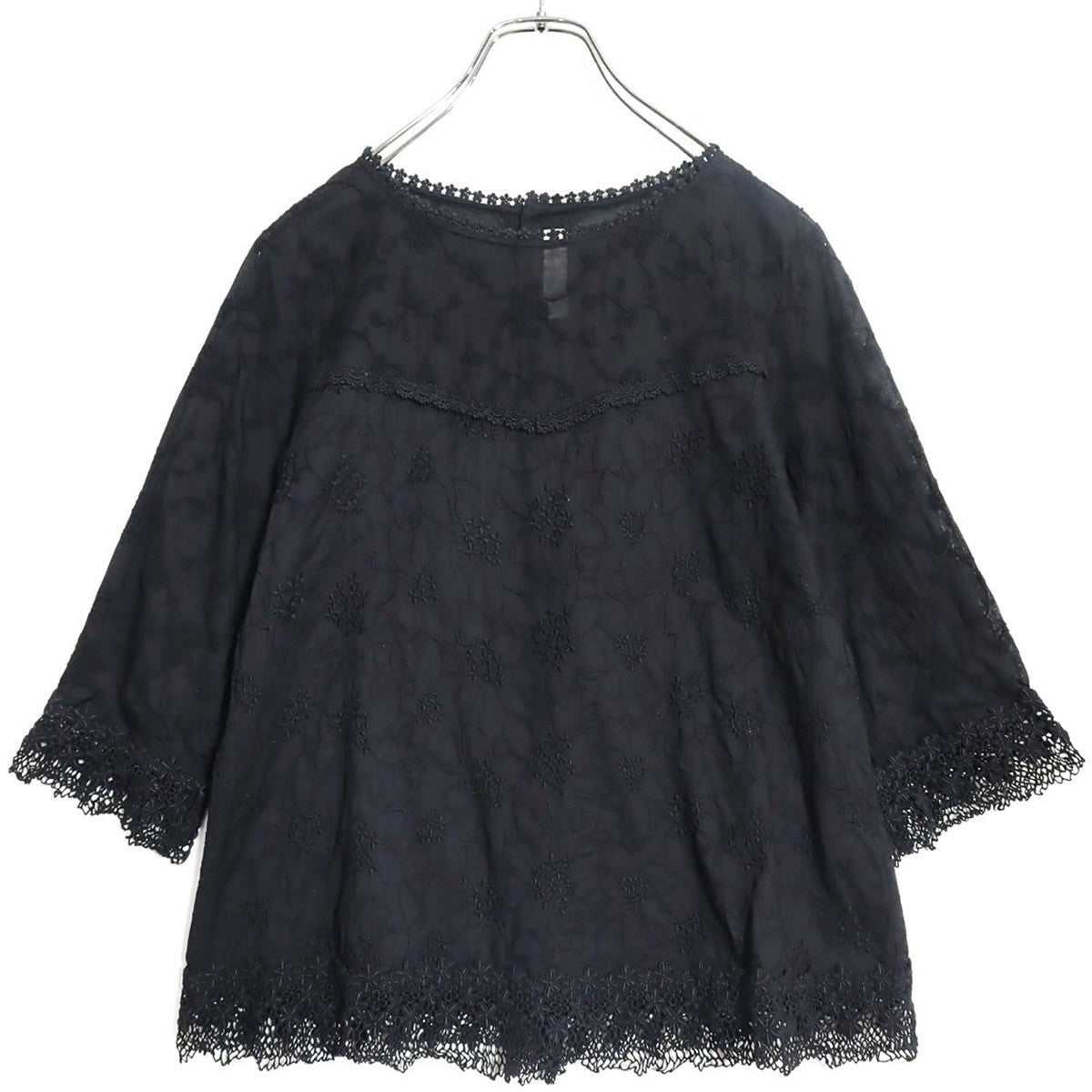 【美品】ピンクハウス★繊細花刺しゅう＆レース♪七分袖カットソー 黒系 美しいレース使い 異素材ミックス z14521