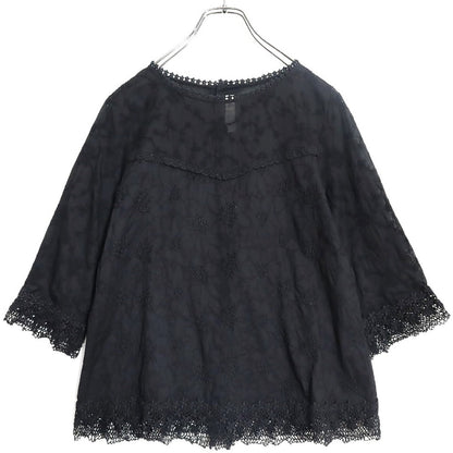【美品】ピンクハウス★繊細花刺しゅう＆レース♪七分袖カットソー 黒系 美しいレース使い 異素材ミックス z14521