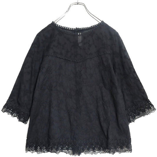【美品】ピンクハウス★繊細花刺しゅう＆レース♪七分袖カットソー 黒系 美しいレース使い 異素材ミックス z14521
