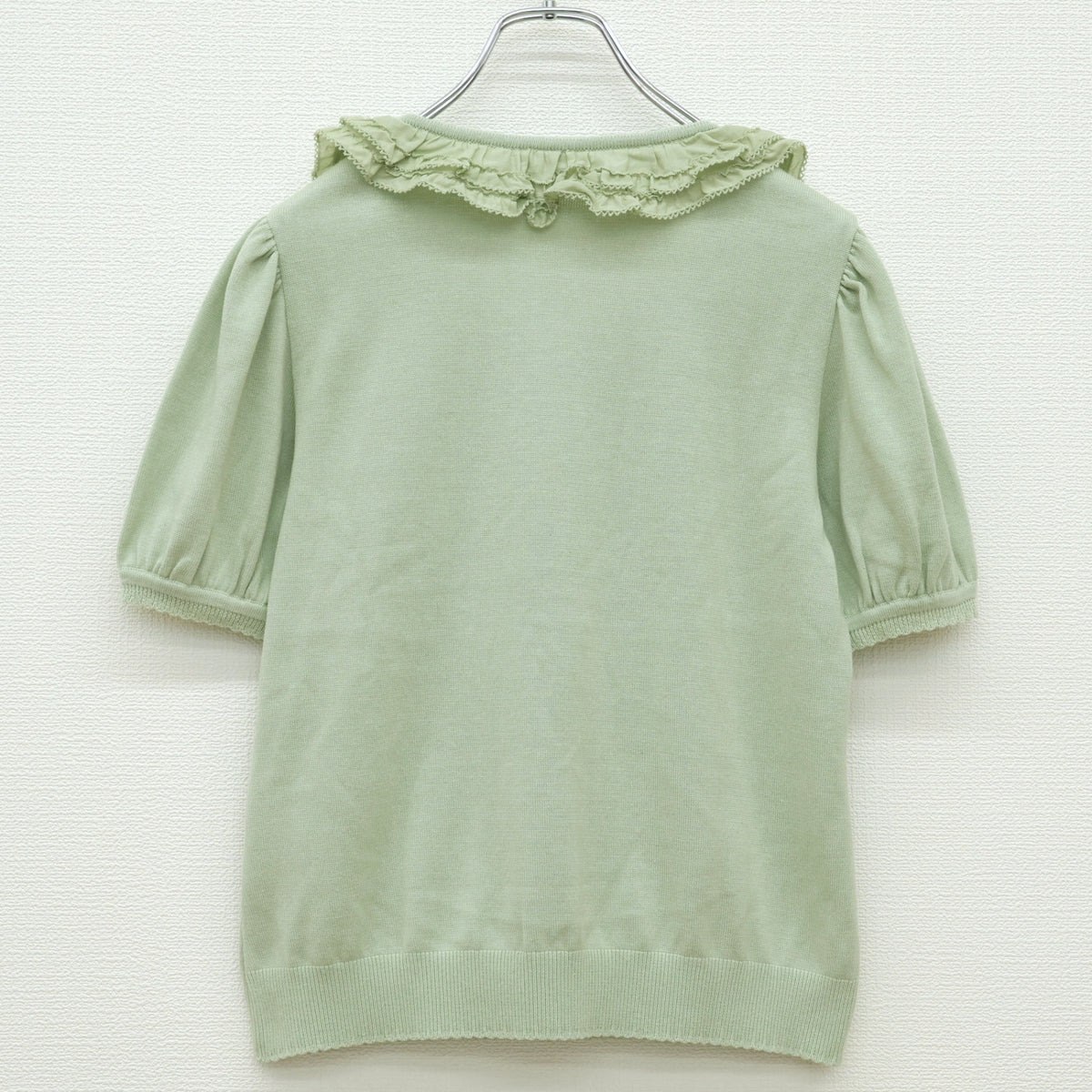 【美品】ピンクハウス★ローンフリル使い♪半袖ニットカーディガン ハッカ系 前開き リボンも♪薄手 z23156